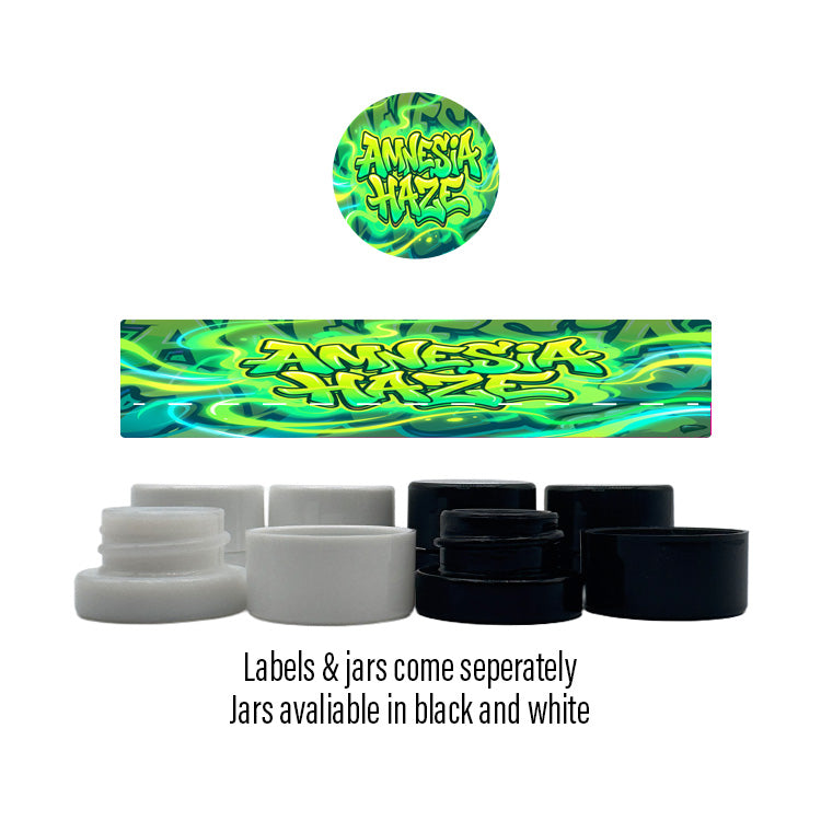 Amnesia Haze Side and Lid Labels with 5ml Extract Jars
