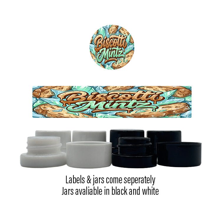 Biscotti Mintz Side and Lid Labels with 5ml Extract Jars - Strain Labels