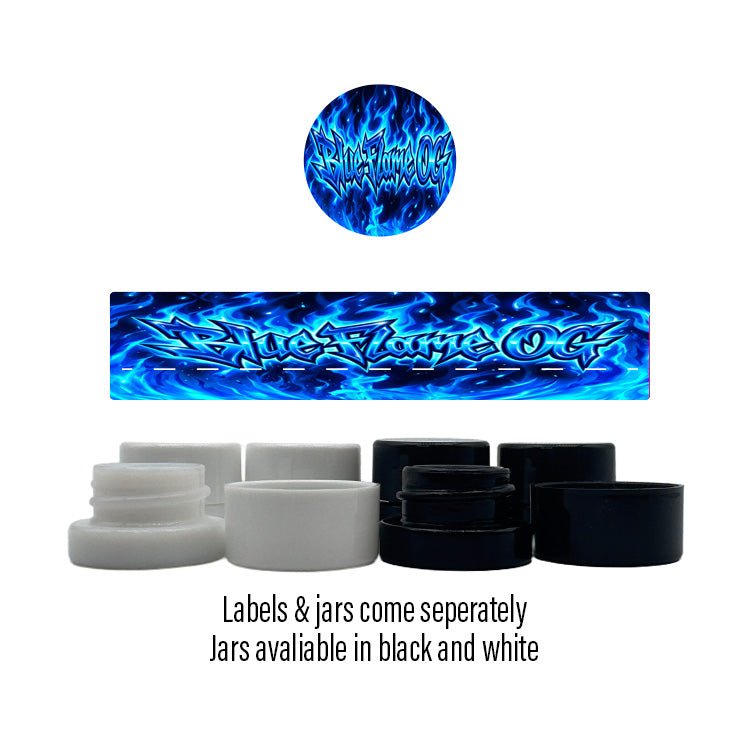 Blue Flame OG Side and Lid Labels with 5ml Extract Jars - Strain Labels
