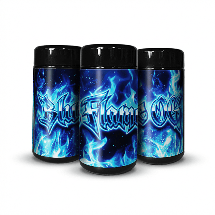 Blue Flame OG Tall 100ML / 7G Labelled Miron Glass Jars - Strain Labels