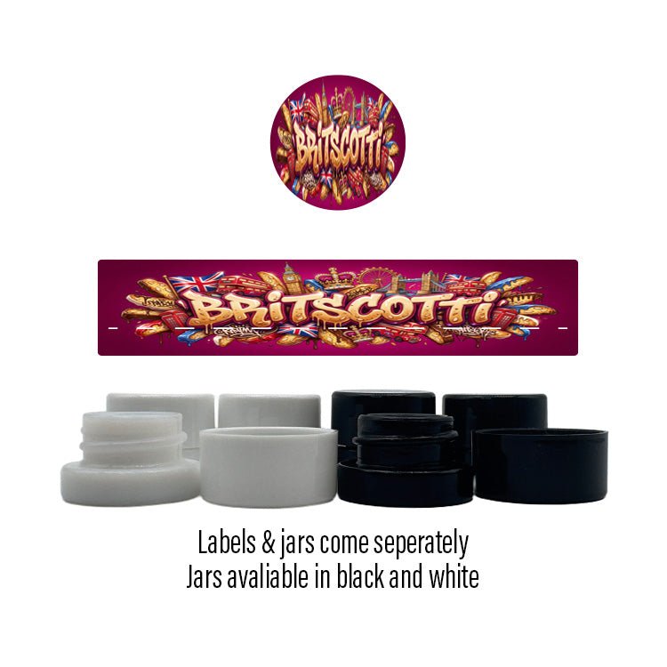 Britscotti Side and Lid Labels with 5ml Extract Jars - Strain Labels