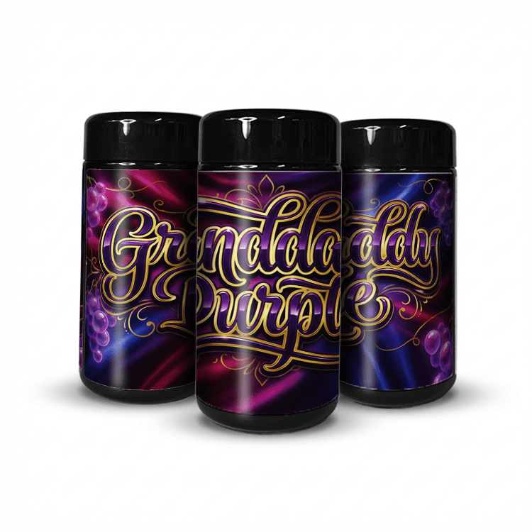 Grandaddy Purple Tall 100ML / 7G Labelled Miron Glass Jars - Strain Labels