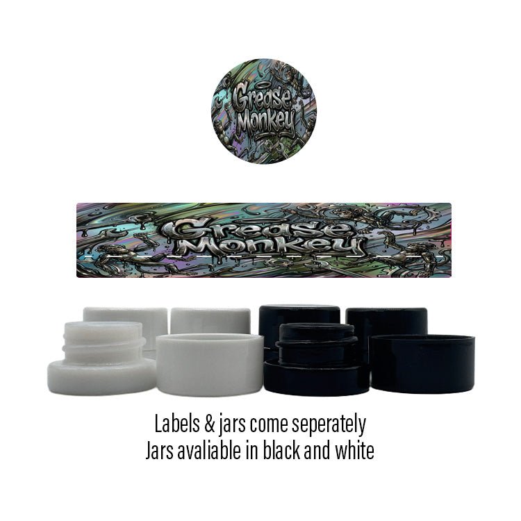 Grease Monkey Side and Lid Labels with 5ml Extract Jars - Strain Labels