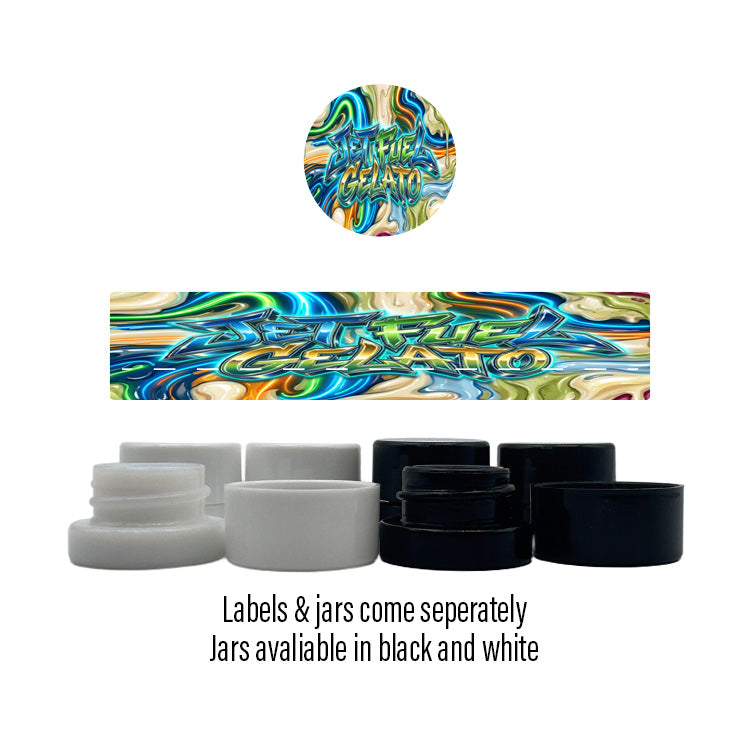 Jet Fuel Gelato Side and Lid Labels with 5ml Extract Jars