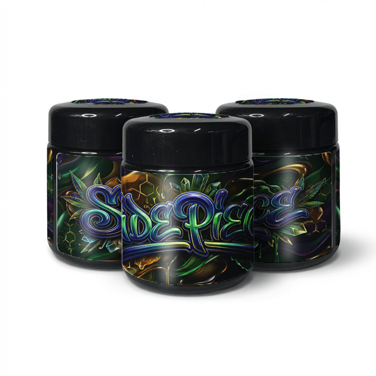 Side Piece Squat 100ML / 7G Labelled Miron Glass Jars - Strain Labels