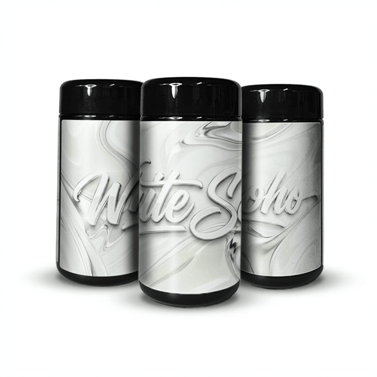 White Soho Tall 100ML / 7G Labelled Miron Glass Jars - Strain Labels
