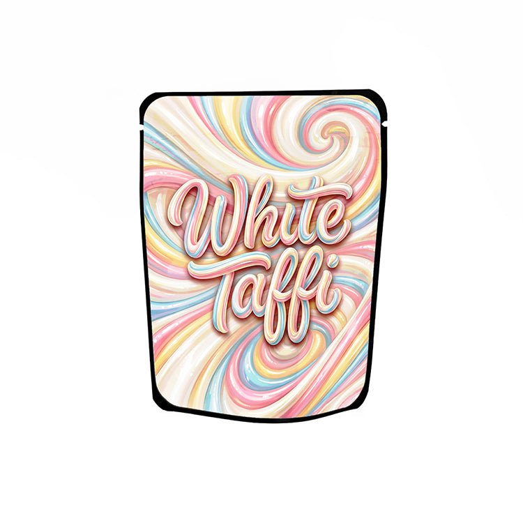White Taffi Labelled Mylar Bags - Strain Labels