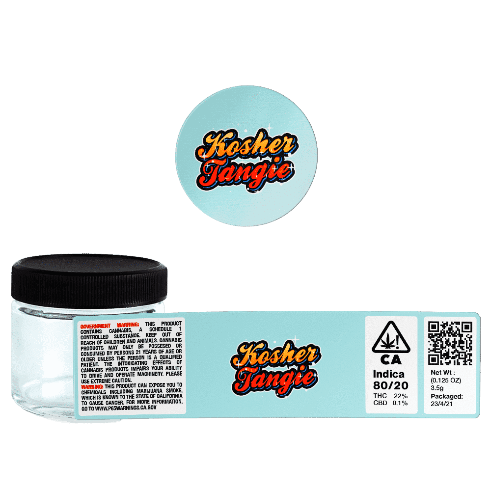 Kosher Tangie Glass Jars. 60ml suitable for 3.5g or 1/8 oz. Unlabelled.